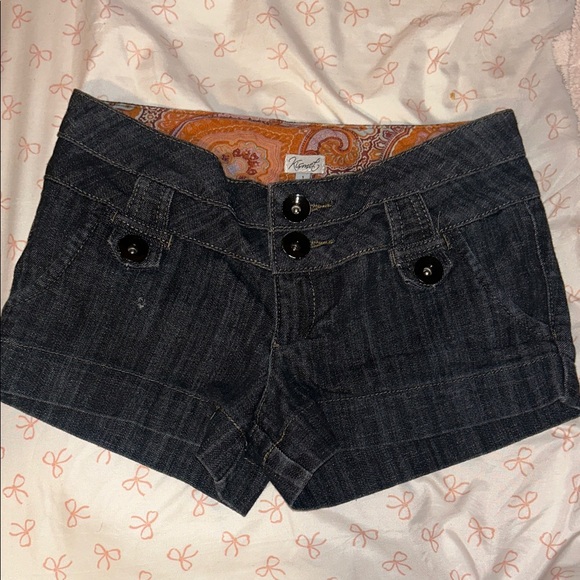 Kismet Pants - Kismet Dark Low-Rise Denim Shorts with Paisley Inner Waistband